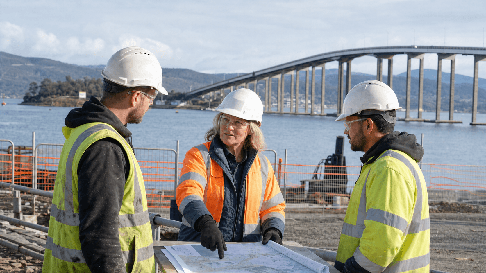Construction safety training beside Hobart's Tasman Bridge
